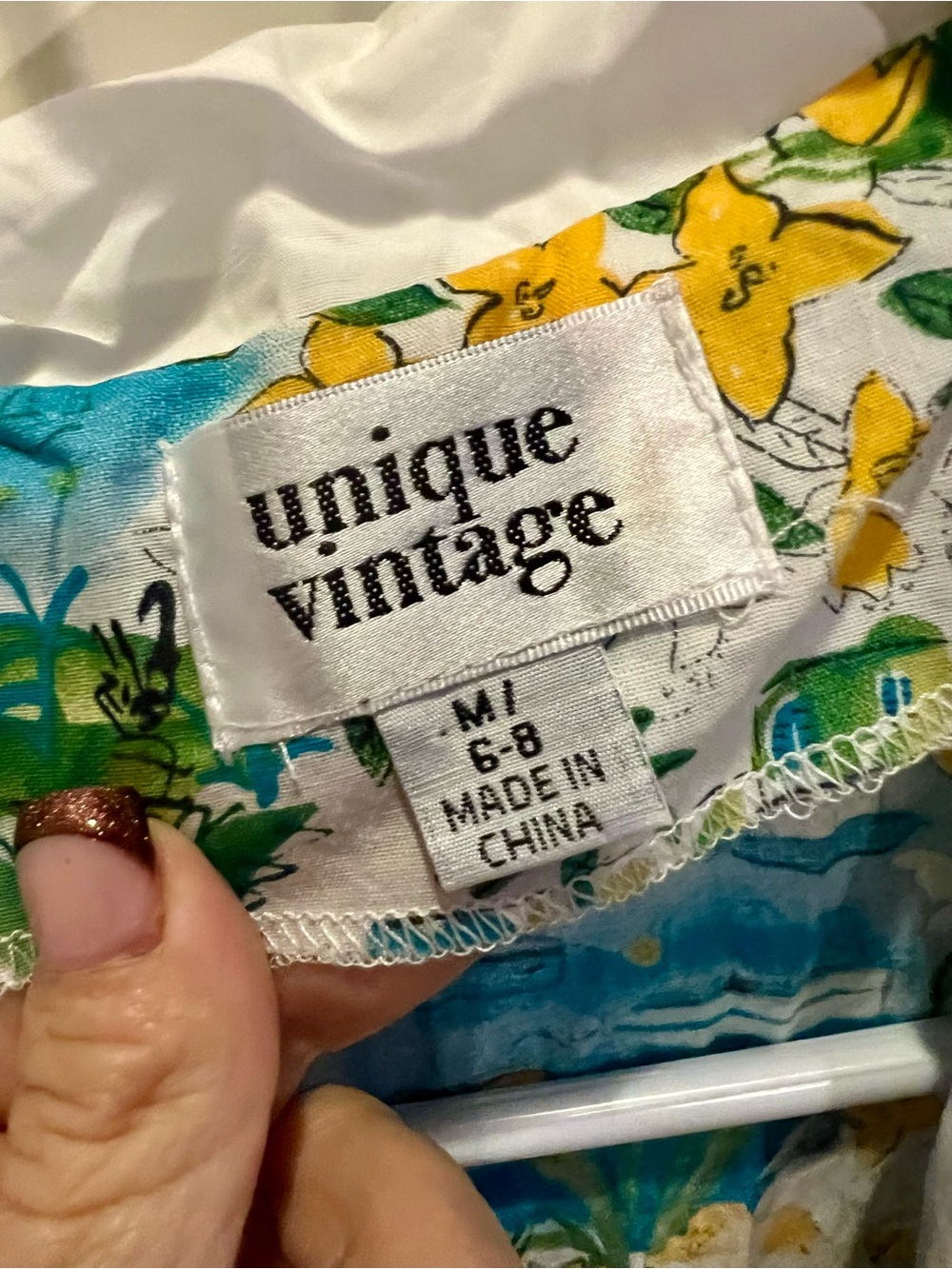 Unique Vintage Yellow Floral & Blue Bay Print Dress